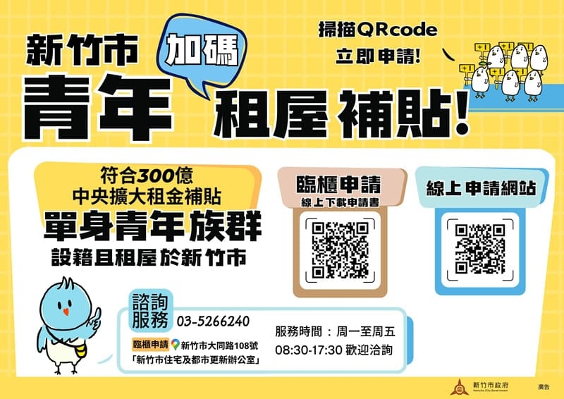 新竹好好租！竹市青年租金補貼3/9起開始受理申請最高每年多領6,000元