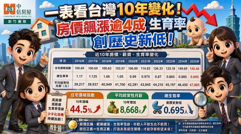 一表看台灣10年變化！房價飆漲逾4成生育率創歷史新低！