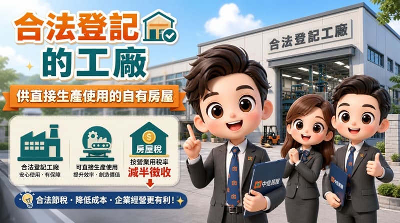 合法登記的工廠供直接生產使用的自有房屋，可以按營業用稅率減半徵收房屋稅
